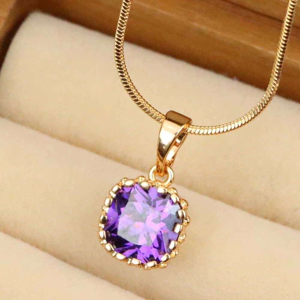 "Rose Gold Pendant with Purple Cushion Stone and Beaded Border, XPPT1444